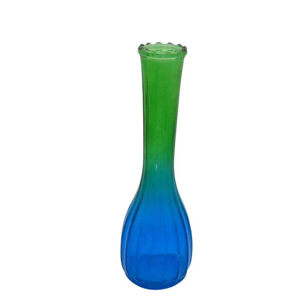Vintage Jeannette Glass Bud Vase Blue Green Ombre Ribbed MCM Fluted 8.5”